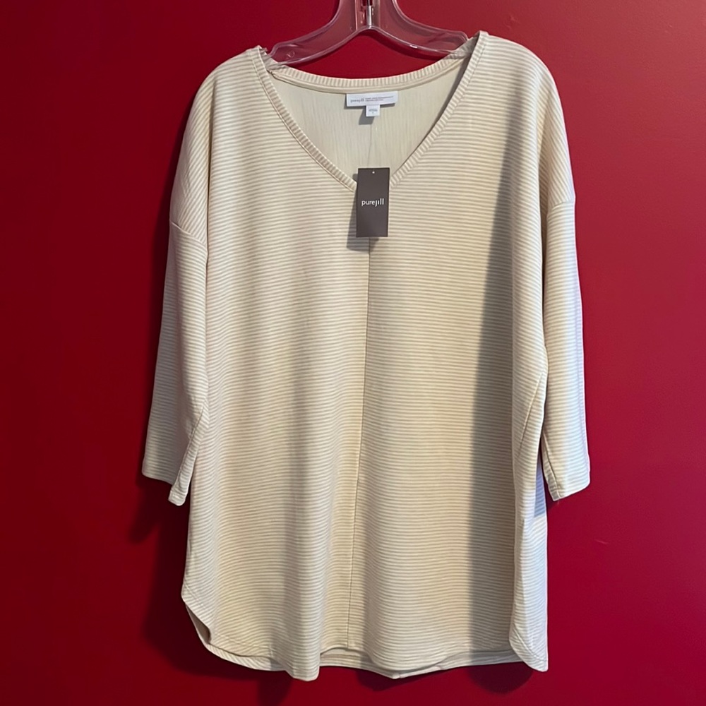 NWT J. Jill Striped Tan & White Cotton Tunic Tee L